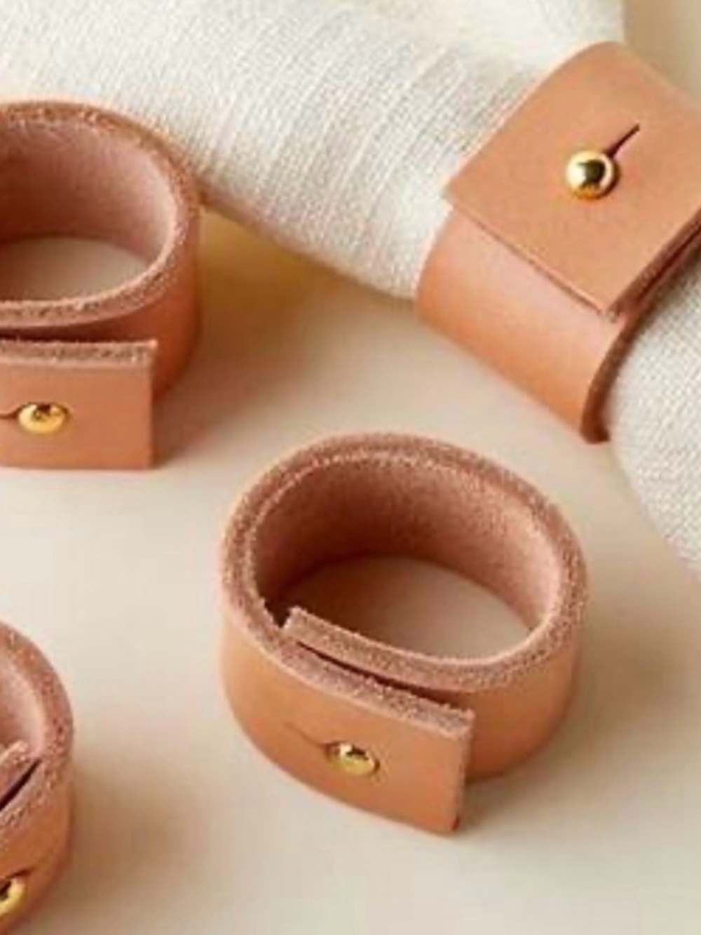 4 Parachute Tan Leather Napkin Rings with Gold Snap